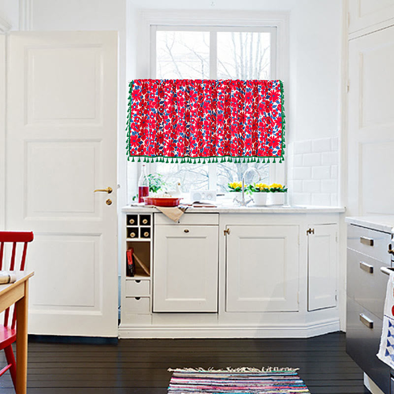 Red Flower Print Tassel Tier Curtain in Cotton Linen