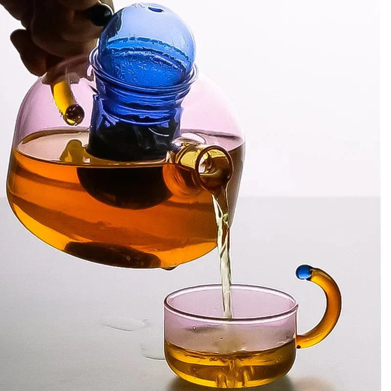 Contrasting Colour Glass Teapot Set - Stylish Heat-Resistant Design