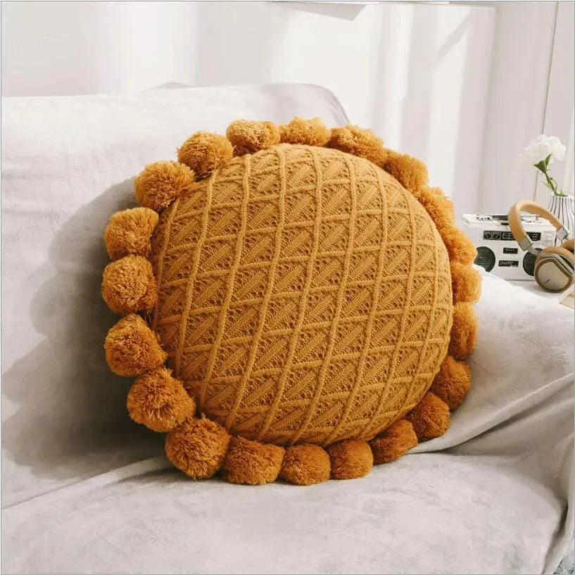 Cute Pompom Tassel Round Cosy Cushion in Acrylic Knit