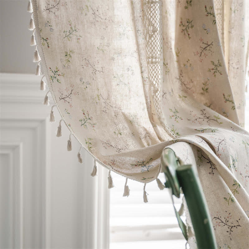 Floral Plaid Splicing Cotton Linen Tassel Curtain