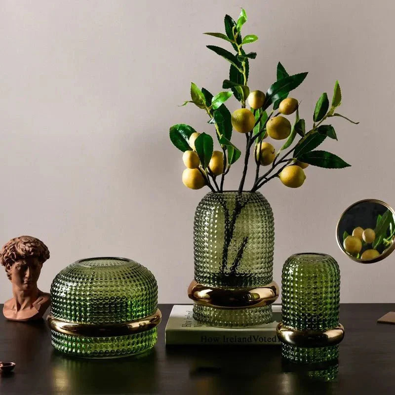 Dark Green Hydroponic Glass Vase with Gold Border