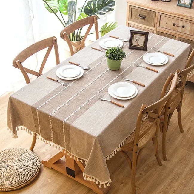 Decorative Plaid Pastel Linen Tablecloth with Tassels