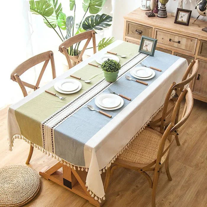 Decorative Plaid Pastel Linen Tablecloth with Tassels