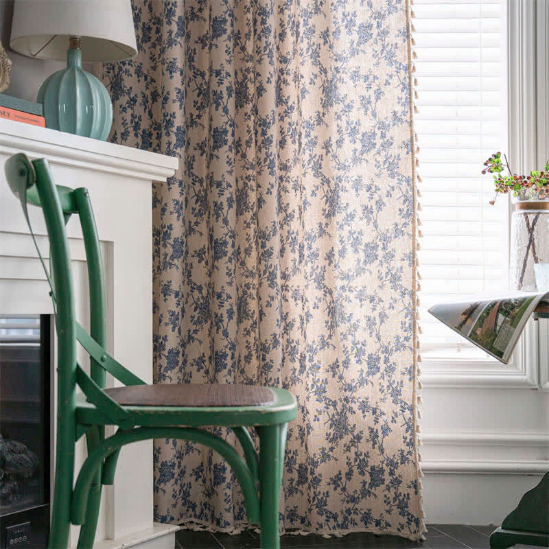 Retro Orchid Tassel Cotton Linen Light Filtering Curtain