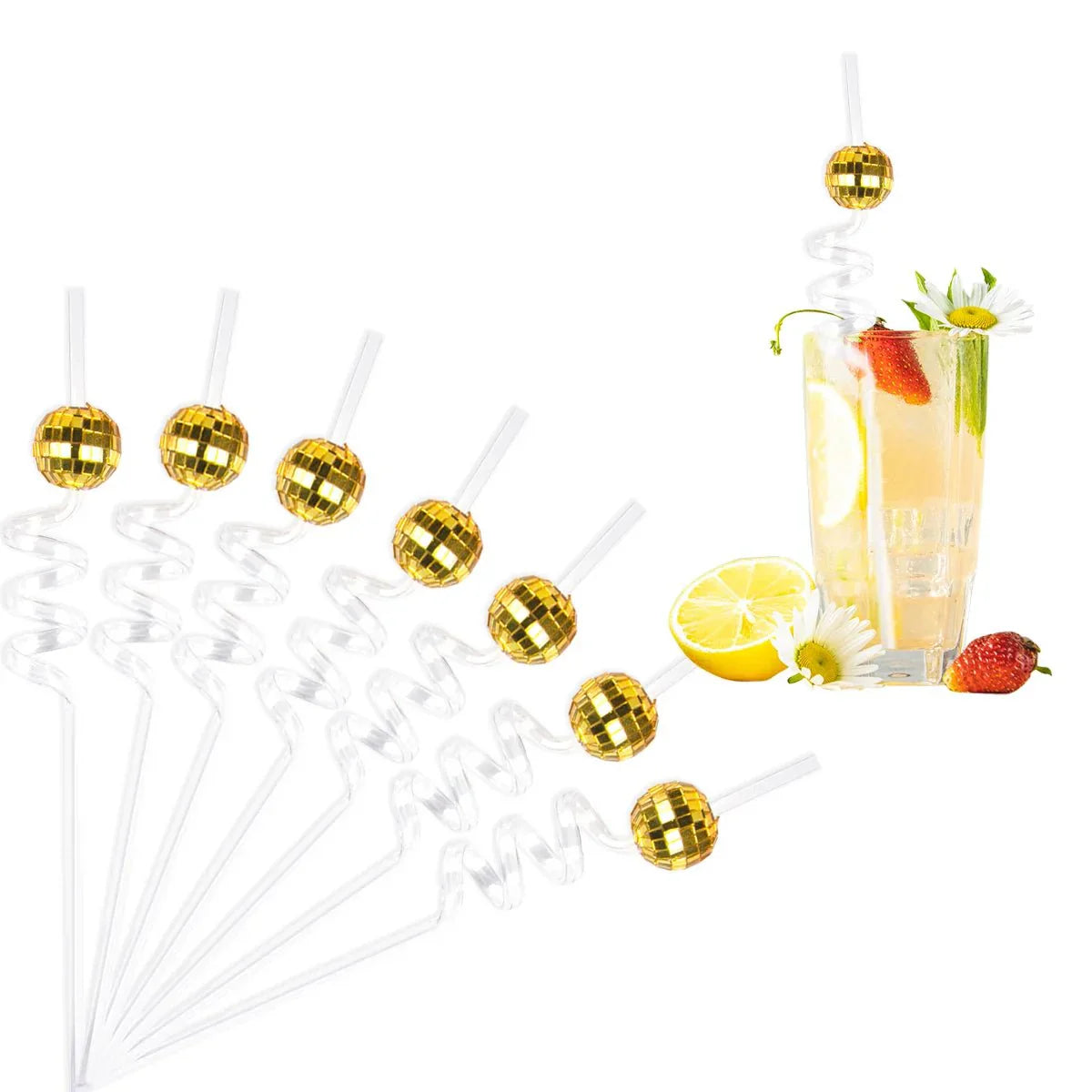 Eight Piece Set Of Sparkling Disco Ball Straws For Parties