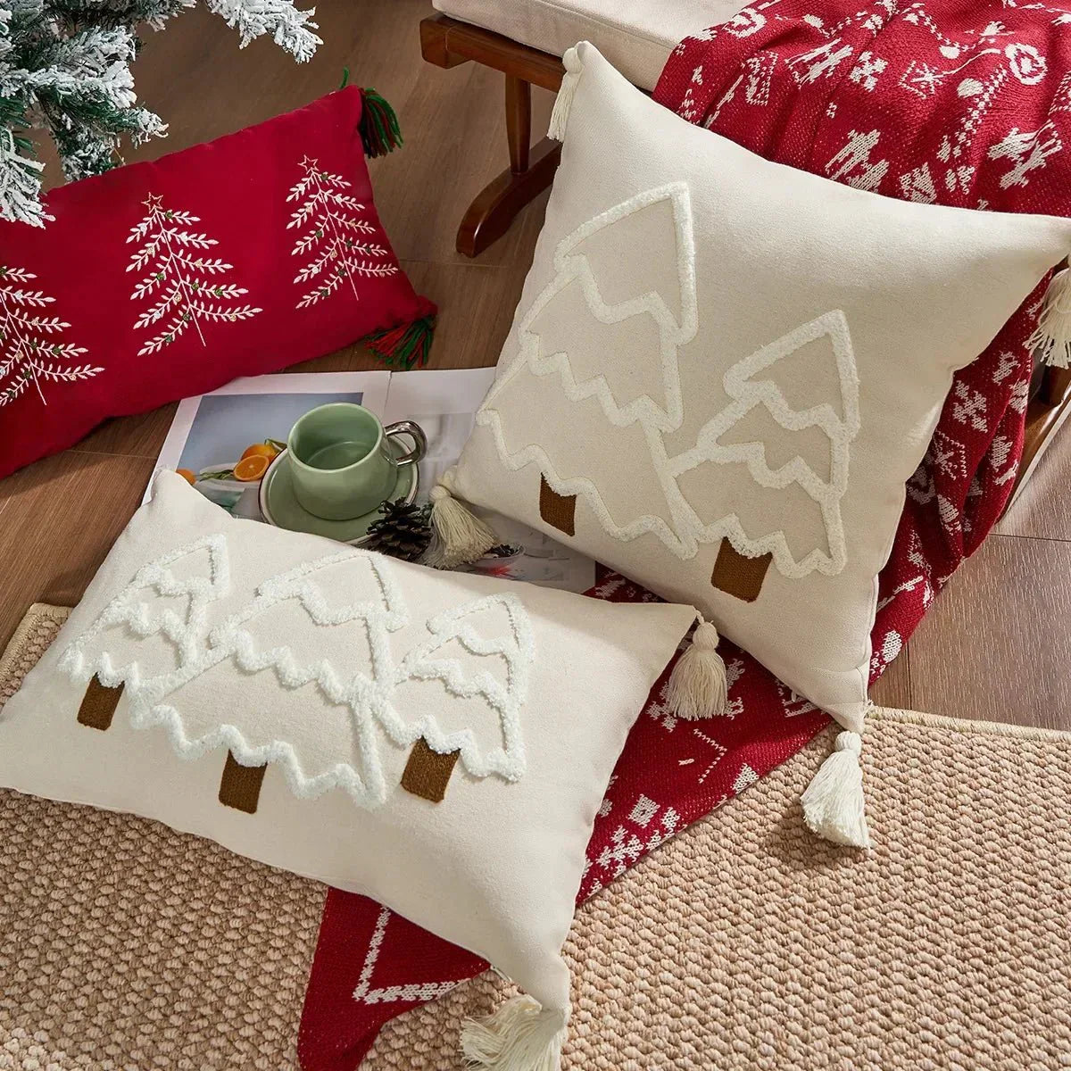 Embroidered Christmas Tree Cushion Cover in Cotton Canvas