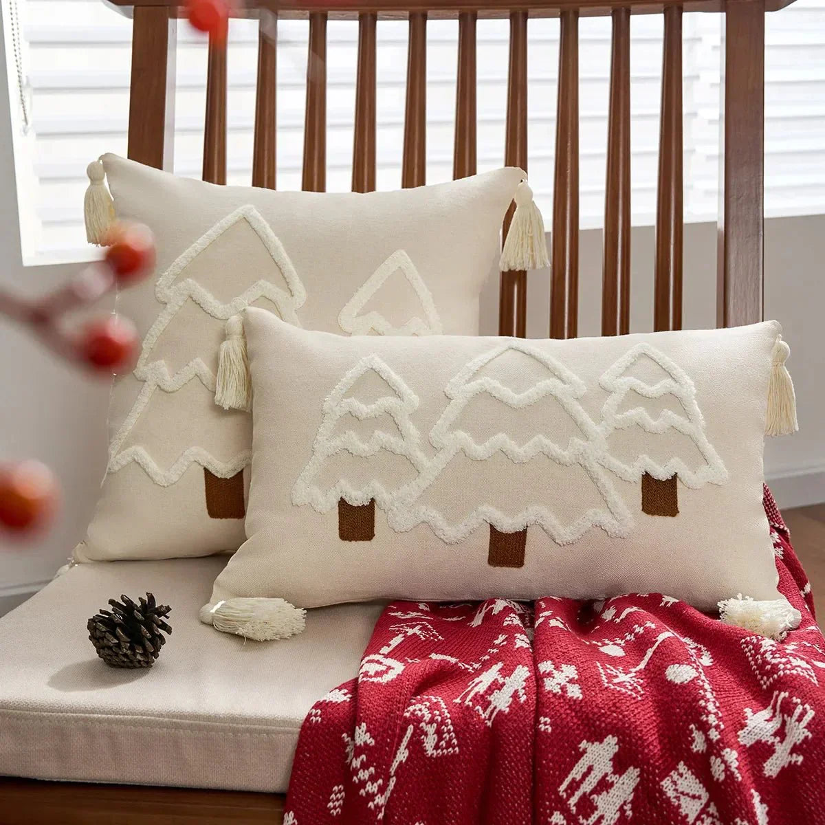 Embroidered Christmas Tree Cushion Cover in Cotton Canvas