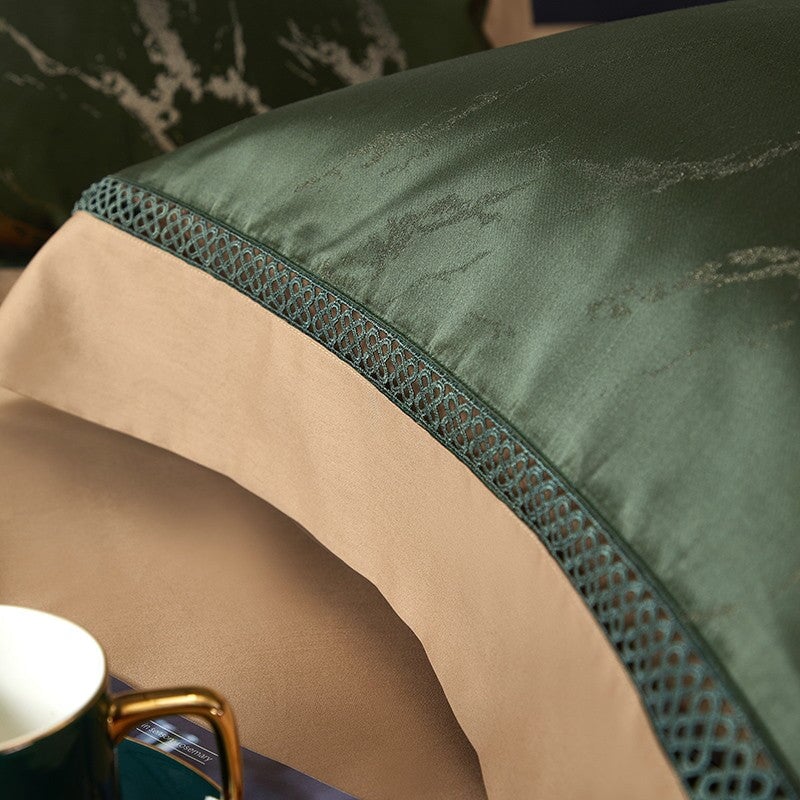 Emerald Opulence Duvet Cover Set – 1000 TC Cotton & Satin with Luxurious Marble Design
