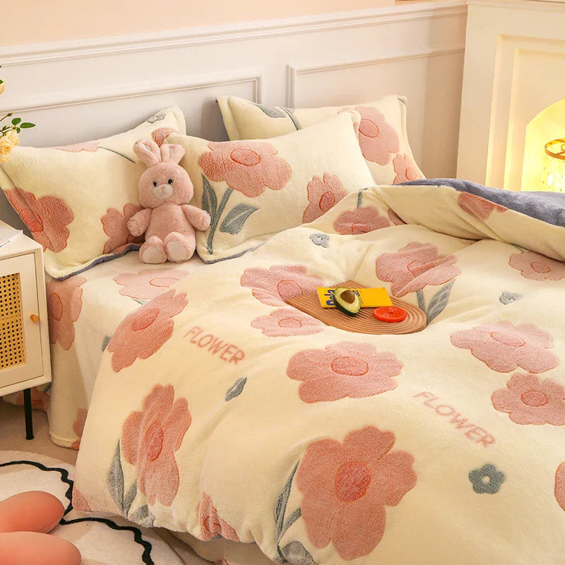 Thick Fleece Warm Flannel Winter Duvet Cover Set