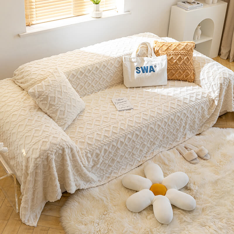 Solid Colour Fleece Furniture Protector Couch Cover Soft Cozy