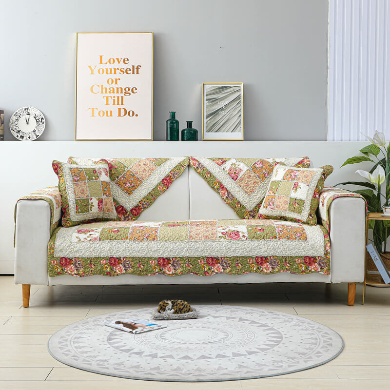 Vintage Flower Plaid Cotton Couch Cover - Soft Eco-Friendly Design