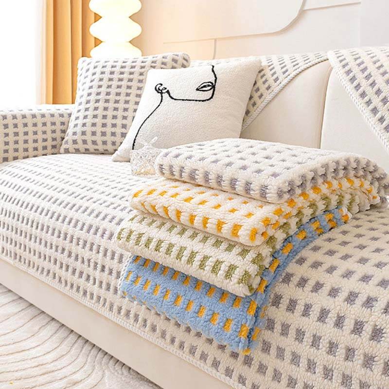 Warm Sherpa Fleece Plaid Couch Cover Furniture Protector