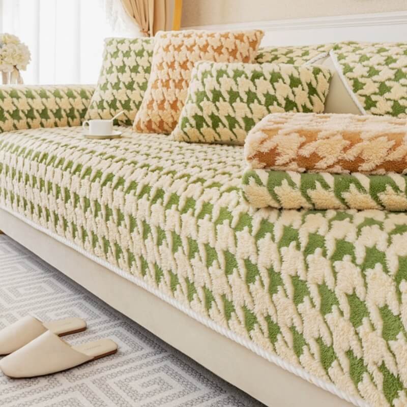 Houndstooth Plush Mat Furniture Protection Anti-Slip Cover