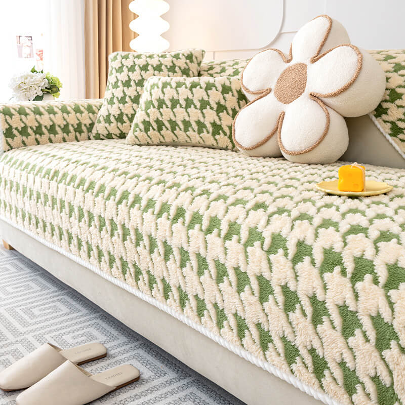 Houndstooth Plush Mat Furniture Protection Anti-Slip Cover