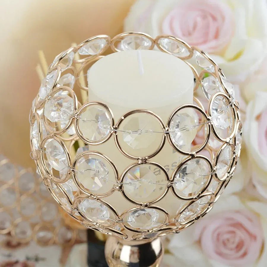Golden Crystal Flower Shape Candlestick Holder Set - Metal Classic Design
