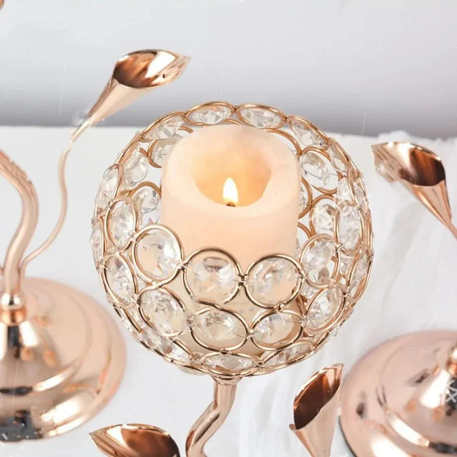 Golden Crystal Flower Shape Candlestick Holder Set - Metal Classic Design
