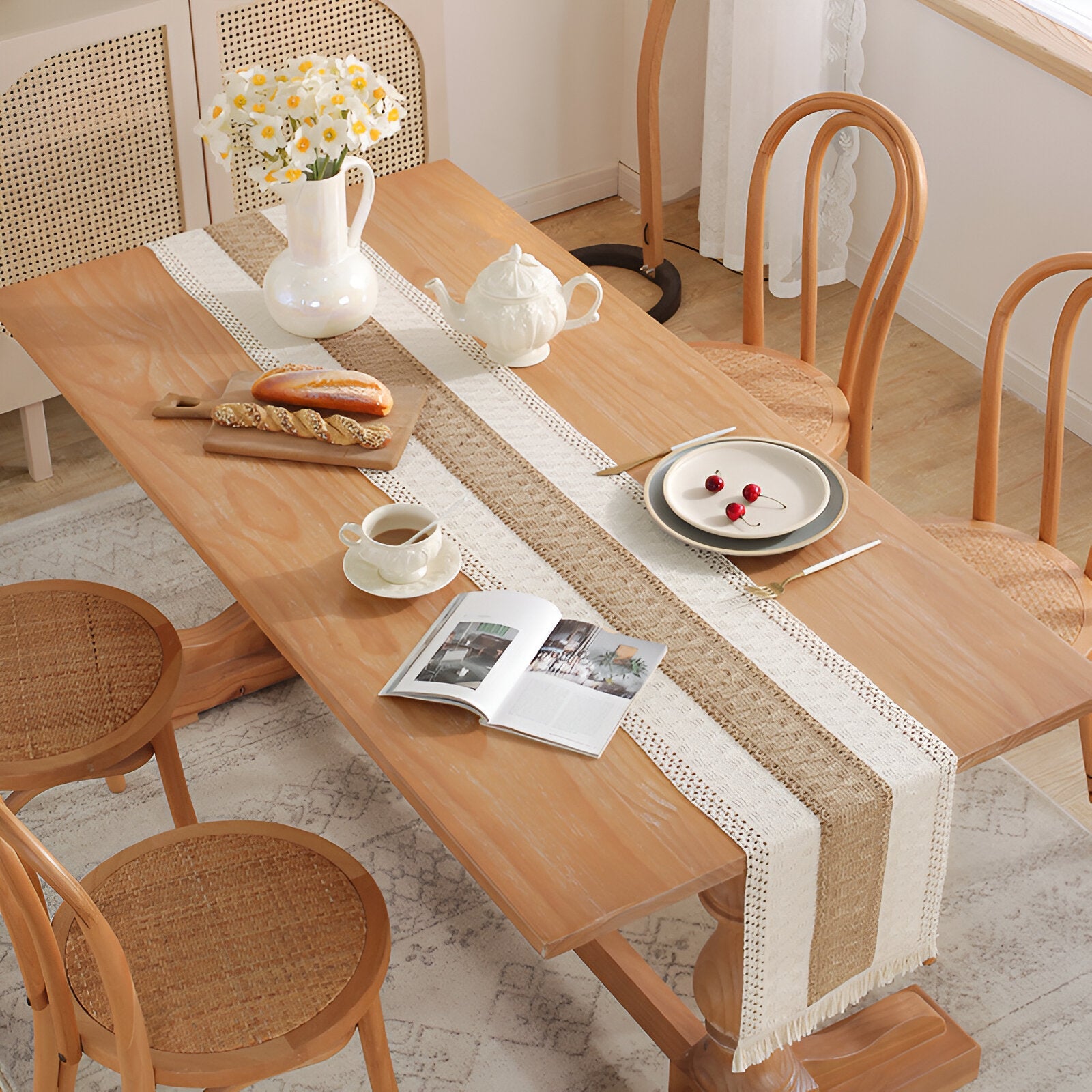 Boho Macrame Cotton Linen Table Runner with Tassels