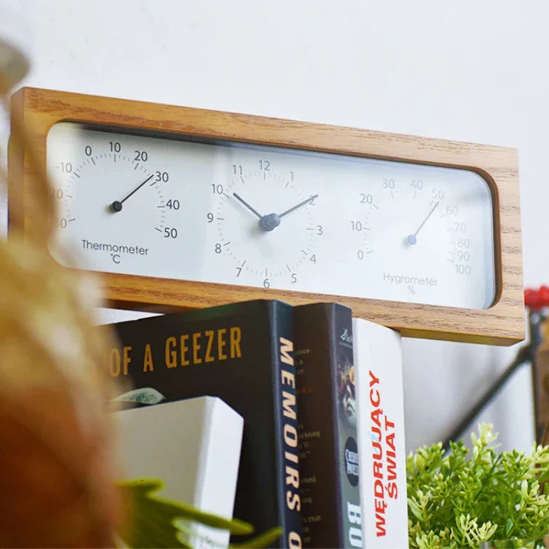Japanese Wooden Table Clock with Time, Temperature & Humidity Display