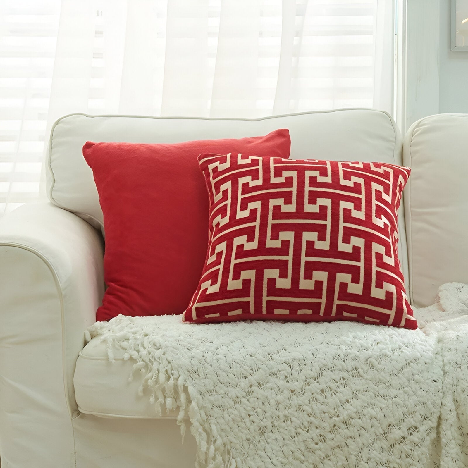 Jacquard Chenille Cushion Cover - Red Gold Embroidered Design