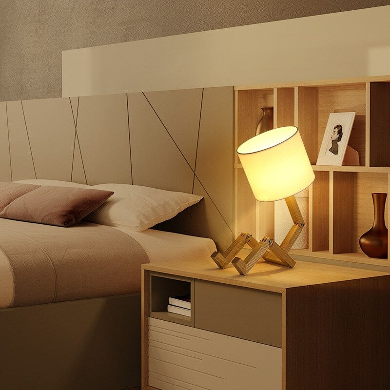 Robot Wooden Bedside Lamp with Retro Edison Style