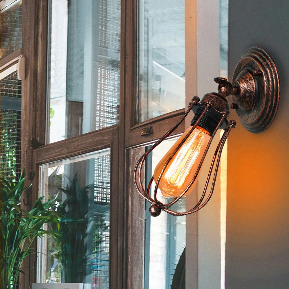 Industrial Vintage Wall Bedside Lamp with Metal and Wood Design