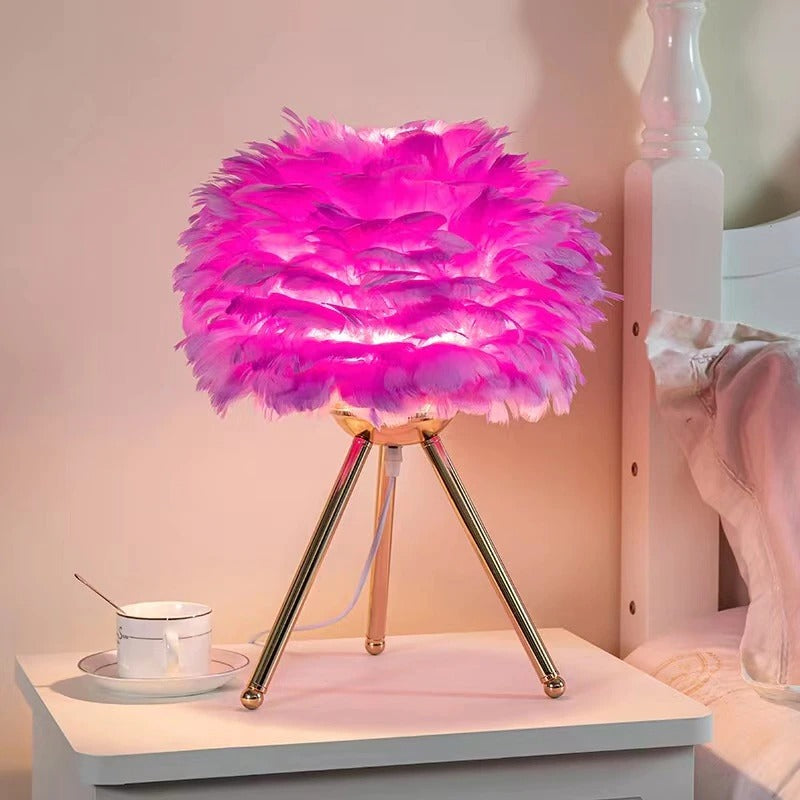 Swan Feather Bedside Lamp with Gold Metal Tripod Base