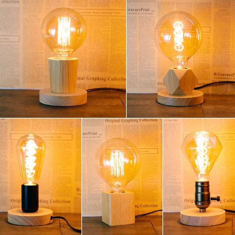 Vintage Edison Bedside Lamp with Wooden Base and Bronze Finish
