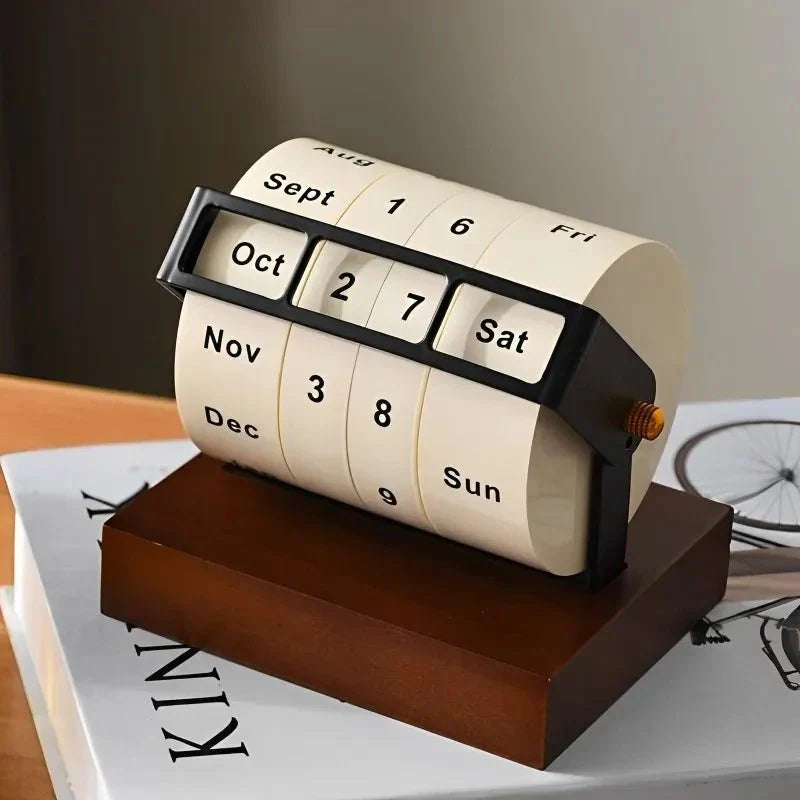 Modern Perpetual Wheel Desk Calendar in Wood and Metal