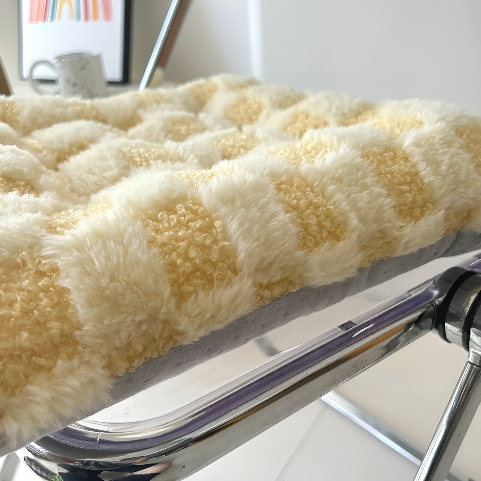 Plush Checked Chair Cushion - Soft Cotton Filling, Square Design