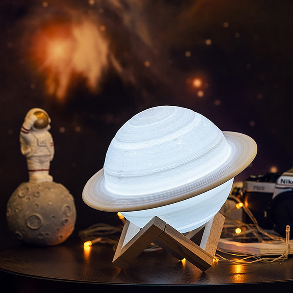 Colour Changing Saturn Lamp with Wooden Stand and Remote