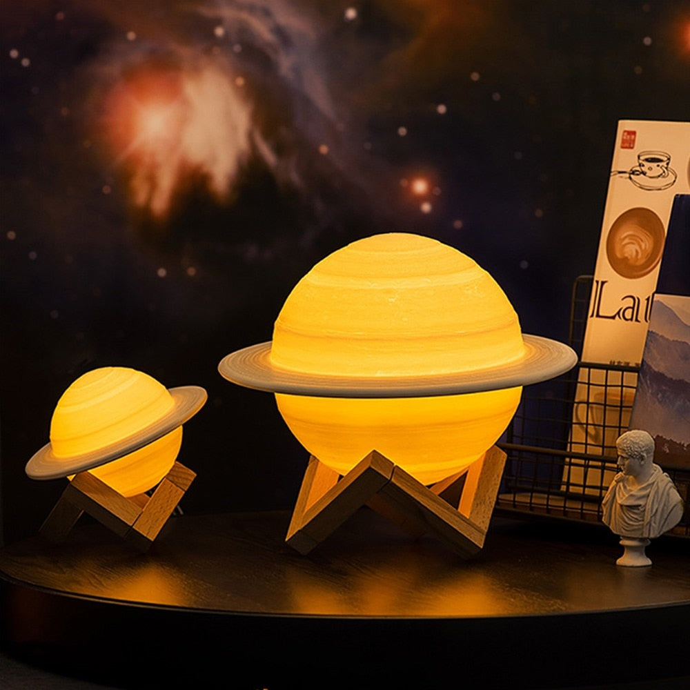 Colour Changing Saturn Lamp with Wooden Stand and Remote