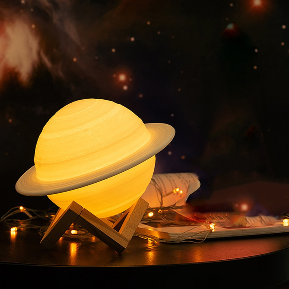 Colour Changing Saturn Lamp with Wooden Stand and Remote
