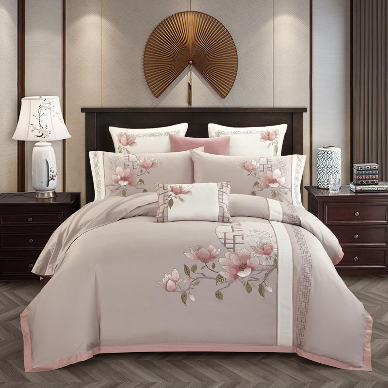 Hanami Embroidered Duvet Cover Set (Egyptian Cotton, 500 TC)