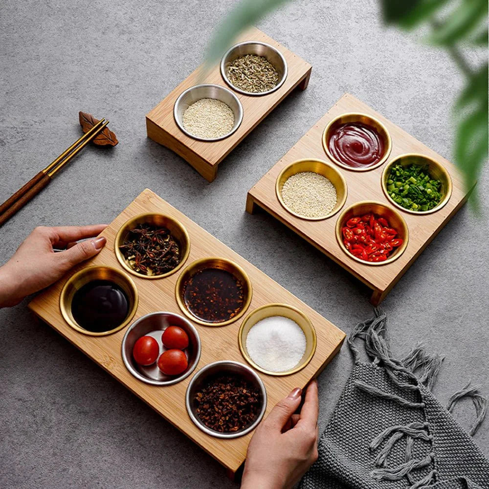 Stainless Steel Dip Bowls On Bamboo Serving Tray Set