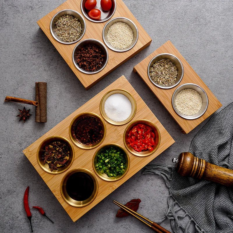 Stainless Steel Dip Bowls On Bamboo Serving Tray Set
