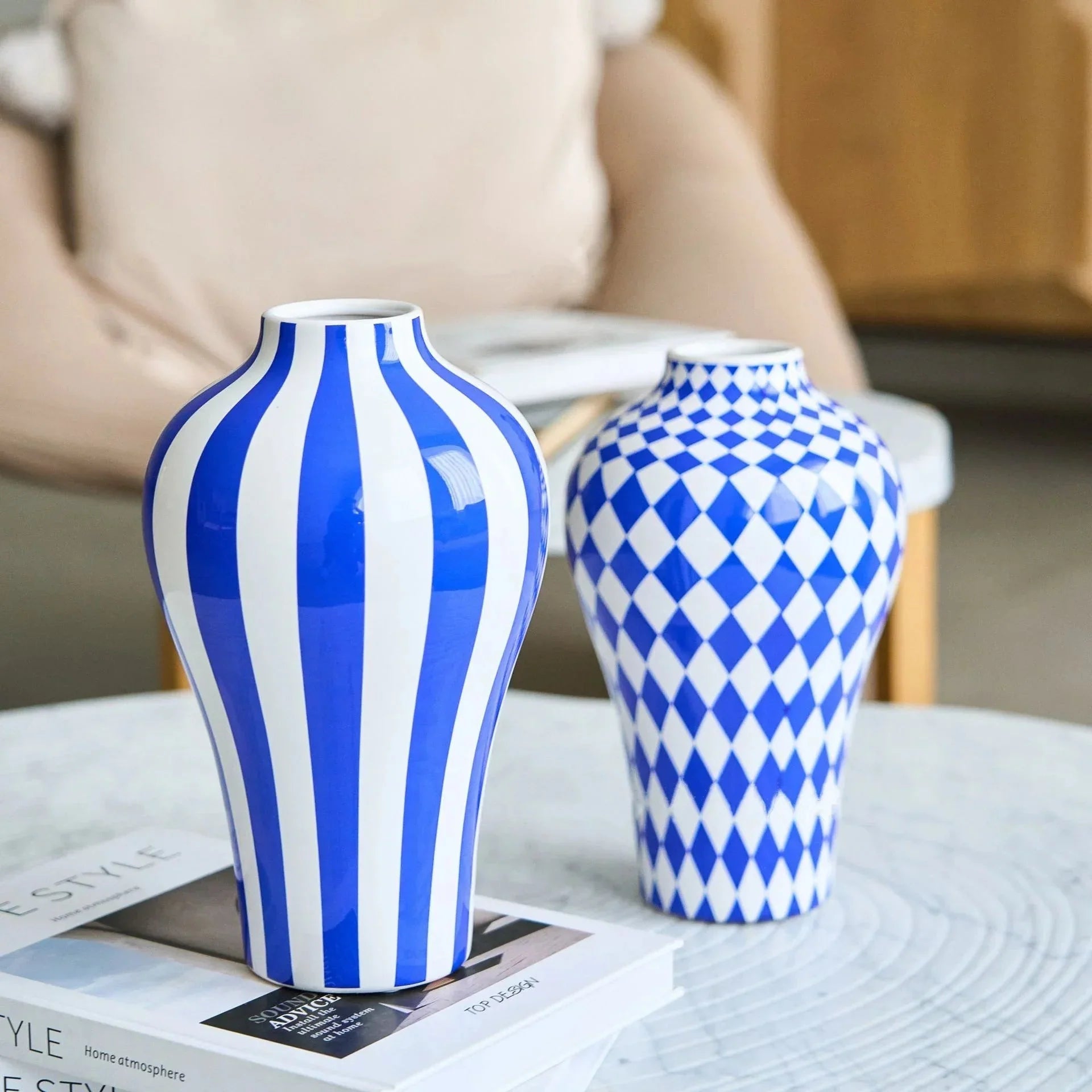 Vibrant Blue Geometric Ceramic Vase Modern Home Decor