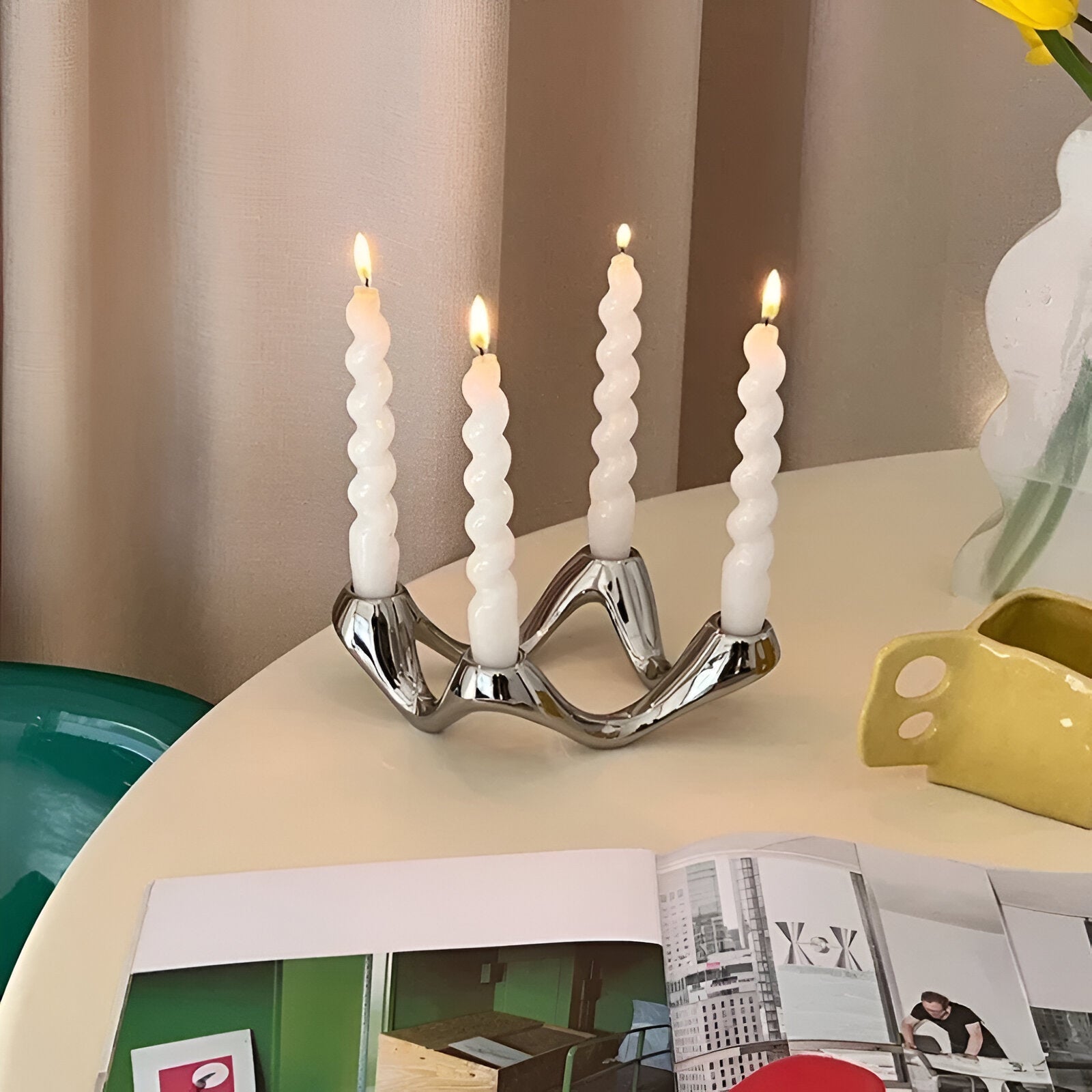 Wavy Design Ceramic Candlestick Decoration Holder Sculpture