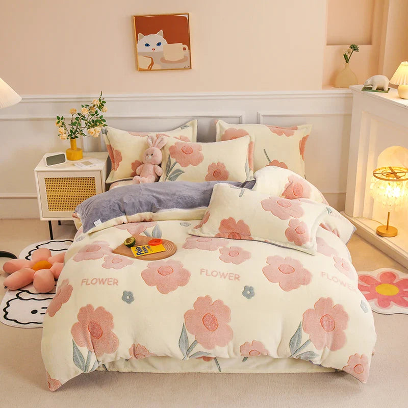 Thick Fleece Warm Flannel Winter Duvet Cover Set